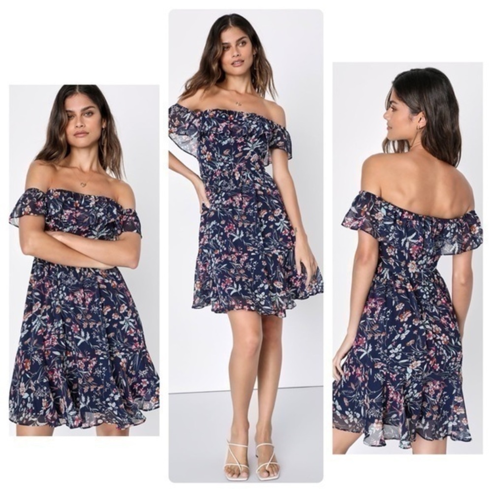 NWT Lulu’s My Favorite Navy Blue Floral Print Off-the-Shoulder Dress Small S